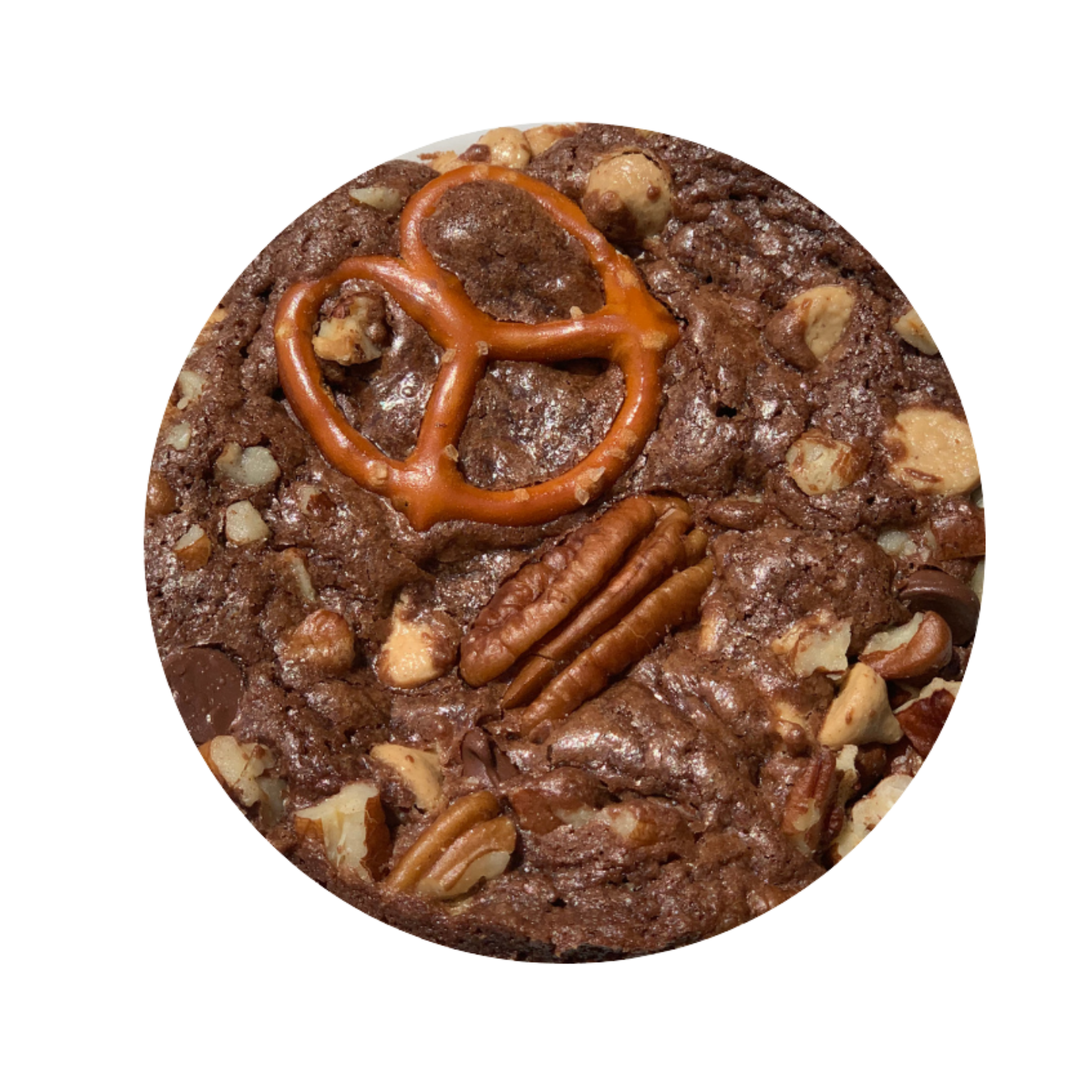 chocolate brownie with pretzels and pecans
