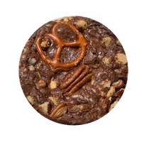 chocolate brownie with pretzels and pecans