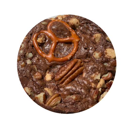 chocolate brownie with pretzels and pecans